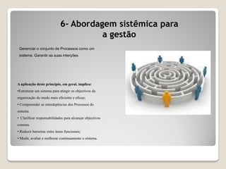6- Abordagem sistêmica para
a gestão
Gerenciar o conjunto de Processos como um
sistema. Garantir as suas interções
A aplicação deste principio, em geral, implica:
•Estruturar um sistema para atingir os objectivos da
organização do modo mais eficiente e eficaz;
• Compreender as interdepências dos Processos do
sistema
• Clarificar responsabilidades para alcançar objectivos
comuns
• Reduzir barreiras entre àreas funcionais;
• Medir, avaliar e melhorar continuamente o sistema.
 