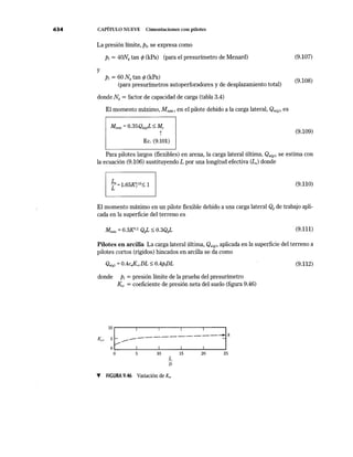 634 CAPÍTULO NUEVE Cimentaciones con pilotes
La presión límite, p1, se expresa como
p1 = 40Nq tan 1/J (kPa) (para el presurímetro de Menard)
y
p1 = 60 Nq tan 1/J (kPa)
(para presurímetros autoperforadores y de desplazamiento total)
donde Nª = factor de capacidad de carga (tabla 3.4)
El momento máximo, Mmáx• en el pilote debido a la carga lateral, Qu(gJ> es
Mmáx = 0.35Qu(g)L::; My
t
Ec. (9.101)
(9.107)
(9.108)
(9.109)
Para pilotes largos (flexibles) en arena, la carga lateral última, Qu(g;. se estima con
la ecuación (9.106) sustituyendo L por una longitud efectiva (Le) donde
(9.110)
El momento máximo en un pilote flexible debido a una carga lateral Qg de trabajo apli-
cada en la superficie del terreno es
Mmáx = 0.3K0·2 QgL ::; 0.3QgL . (9.111)
Pilotes en arcilla La carga lateral última, Qu(g)• aplicada en la superficie del terreno a
pilotes cortos (rígidos) hincados en arcilla se da como
donde p1 = presión límite de la prueba del presurímetro
Kcr = coeficiente de presión neta del suelo (figura 9.46)
o 5 10
L
D
T FIGURA 9.46 Variación de K,
15 20 25
(9.112)
 