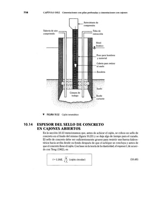 718
10.14
CAPÍTULO DIEZ Cimentaciones con pilas perforadas y cimentaciones con cajones
Tubería de aire ---,
comprimido
Antecámara de
.------- Tubo de
. . . . . . . . . . .. . . . . . . -
extracción
Nivel
Pozo para hombres
y material
~ FIGURA 10.32 Cajón neumático
ESPESOR DEL SELLO DE CONCRETO
EN CAJONES ABIERTOS
En la sección 10.13 mencionamos que, antes de achicar el cajón, se coloca un sello de
concreto en el fondo del mismo (figura 10.33) y se deja algo de tiempo para el curado.
El sello de concreto debe ser suficientemente grueso para resistir una fuerza hidros-
tática hacia arriba desde su fondo después de que el achique se concluya y antes de
que el concreto llene el cajón. Con base en la teoría de la elasticidad, el espesort, de acuer-
do con Teng (1962), es
t = 1.18R; )}: (cajón circular)
fe
(10.48)
 