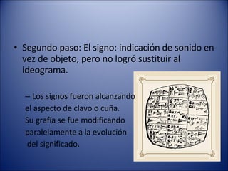Segundo paso: El signo: indicación de sonido en vez de objeto, pero no logró sustituir al ideograma. Los signos fueron alcanzando  el aspecto de clavo o cuña.  Su grafía se fue modificando  paralelamente a la evolución del significado.  