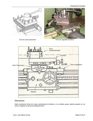 Principios de Torneado

Torre de cuatro posiciones

Torre con regulador de altura

Torre
Portaherramienta

Charriot

Carro Longitudinal

Carro Transversal

Delantal

Observaciones:
Debe mantenerse limpio de virutas, perfectamente lubricado y no se deben apoyar objetos pesados en los
carros ni golpear sus guías de desplazamiento.

Autor: Julio Alberto Correa

Página 5 de 27

 
