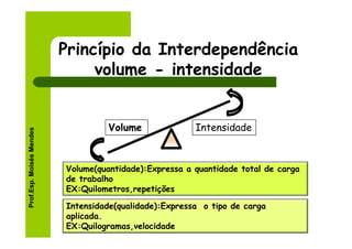 Princípio da Interdependência
                               volume - intensidade


                                   Volume               Intensidade
Prof.Esp. Moisés Mendes




                          Volume(quantidade):Expressa a quantidade total de carga
                          de trabalho
                          EX:Quilometros,repetições

                          Intensidade(qualidade):Expressa o tipo de carga
                          aplicada.
                          EX:Quilogramas,velocidade
 