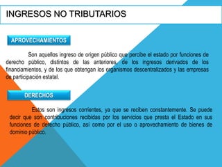 INGRESOS NO TRIBUTARIOS
APROVECHAMIENTOS
Son aquellos ingreso de origen público que percibe el estado por funciones de
derecho público, distintos de las anteriores, de los ingresos derivados de los
financiamientos, y de los que obtengan los organismos descentralizados y las empresas
de participación estatal.
DERECHOS
Estos son ingresos corrientes, ya que se reciben constantemente. Se puede
decir que son contribuciones recibidas por los servicios que presta el Estado en sus
funciones de derecho público, así como por el uso o aprovechamiento de bienes de
dominio público.
 