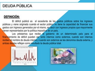 DEUDA PÚBLICA
DEFINICIÓN:
El déficit publicó es el excedente de los gastos públicos sobre los ingresos
públicos y viene originado cuando el sector público no tiene la capacidad de financiar sus
gastos con ingresos generados por el mismo, es decir con ingresos propios que mayormente
vienen representados por la política impositiva de un país.
Los préstamos que recibe el gobierno de un determinado país para el
financiamiento de déficit pueden ser tanto internos como externos, cuando son internos
reciben el nombre de deuda interna y cuando son externos se les denomina deuda externa, y
ambas deudas reflejan como resultado la deuda pública total.
 
