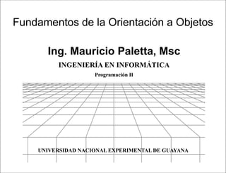Programación II
Ing. Mauricio Paletta, Msc
Presentación
Fundamentos de la Orientación a Objetos
UNIVERSIDAD NACIONAL EXPERIMENTAL DE GUAYANA
INGENIERÍA EN INFORMÁTICA
Programación II
 
