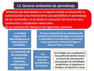 I.3. Generar ambientes de aprendizaje
Ambiente de aprendizaje es el espacio donde se desarrolla la
comunicación y las interacciones que posibilitan el aprendizaje
de los contenidos, en él media la actuación del docente para
construirlos y emplearlos como tales.
En su construcción destacan los siguientes aspectos:
 