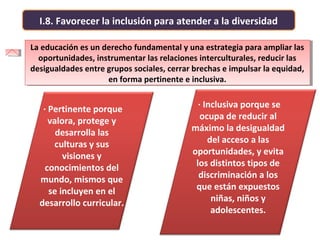 I.8. Favorecer la inclusión para atender a la diversidad
La educación es un derecho fundamental y una estrategia para ampliar las
oportunidades, instrumentar las relaciones interculturales, reducir las
desigualdades entre grupos sociales, cerrar brechas e impulsar la equidad,
en forma pertinente e inclusiva.
La educación es un derecho fundamental y una estrategia para ampliar las
oportunidades, instrumentar las relaciones interculturales, reducir las
desigualdades entre grupos sociales, cerrar brechas e impulsar la equidad,
en forma pertinente e inclusiva.
· Inclusiva porque se
ocupa de reducir al
máximo la desigualdad
del acceso a las
oportunidades, y evita
los distintos tipos de
discriminación a los
que están expuestos
niñas, niños y
adolescentes.
· Pertinente porque
valora, protege y
desarrolla las
culturas y sus
visiones y
conocimientos del
mundo, mismos que
se incluyen en el
desarrollo curricular.
 