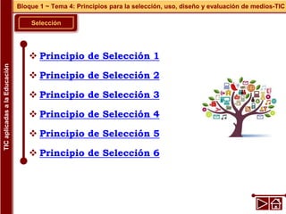 Selección
 Principio de Selección 1
 Principio de Selección 2
 Principio de Selección 3
 Principio de Selección 4
 Principio de Selección 5
 Principio de Selección 6
Bloque 1 ~ Tema 4: Principios para la selección, uso, diseño y evaluación de medios-TIC
TIC
aplicadas
a
la
Educación
 