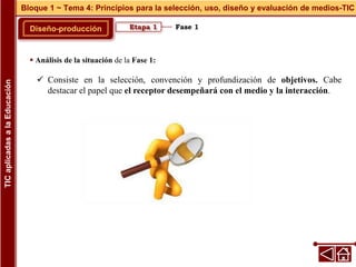 Fase 1
Diseño-producción
Bloque 1 ~ Tema 4: Principios para la selección, uso, diseño y evaluación de medios-TIC
TIC
aplicadas
a
la
Educación
Etapa 1
 Análisis de la situación de la Fase 1:
 Consiste en la selección, convención y profundización de objetivos. Cabe
destacar el papel que el receptor desempeñará con el medio y la interacción.
 