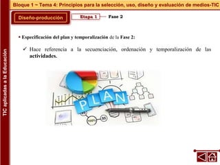 Fase 2
Diseño-producción
Bloque 1 ~ Tema 4: Principios para la selección, uso, diseño y evaluación de medios-TIC
TIC
aplicadas
a
la
Educación
Etapa 1
 Especificación del plan y temporalización de la Fase 2:
 Hace referencia a la secuenciación, ordenación y temporalización de las
actividades.
 