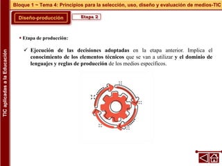 Diseño-producción
Bloque 1 ~ Tema 4: Principios para la selección, uso, diseño y evaluación de medios-TIC
TIC
aplicadas
a
la
Educación
Etapa 2
 Etapa de producción:
 Ejecución de las decisiones adoptadas en la etapa anterior. Implica el
conocimiento de los elementos técnicos que se van a utilizar y el dominio de
lenguajes y reglas de producción de los medios específicos.
 