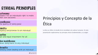 Principios y Concepto de la
Ética
La ética se refiere al estudio de la moralidad y los valores humanos. En esta
presentación exploraremos los principios éticos fundamentales y su origen.
 