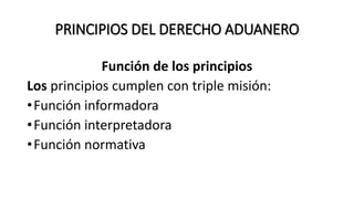 PRINCIPIOS DEL DERECHO ADUANERO
Función de los principios
Los principios cumplen con triple misión:
•Función informadora
•Función interpretadora
•Función normativa
 