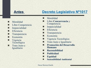 Moralidad Libre Competencia Imparcialidad Eficiencia Transparencia Economía Vigencia Tecnológica Trato Justo e Igualitario Moralidad Libre  Concurrencia  y Competencia Imparcialidad Eficiencia Transparencia Economía Vigencia Tecnológica Trato Justo e Igualitario Promoción del Desarrollo Humano Razonabilidad Publicidad Equidad Sostenibilidad Ambiental Antes  Decreto Legislativo Nº1017 