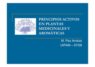 PRINCIPIOS ACTIVOS
EN PLANTAS
MEDICINALES Y
AROMÁTICAS
M. Paz Arraiza
UIPAM – 07/08

 