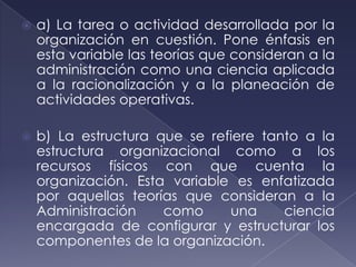    a) La tarea o actividad desarrollada por la
    organización en cuestión. Pone énfasis en
    esta variable las teorías que consideran a la
    administración como una ciencia aplicada
    a la racionalización y a la planeación de
    actividades operativas.

   b) La estructura que se refiere tanto a la
    estructura organizacional como a los
    recursos físicos con que cuenta la
    organización. Esta variable es enfatizada
    por aquellas teorías que consideran a la
    Administración    como     una     ciencia
    encargada de configurar y estructurar los
    componentes de la organización.
 