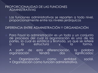 PROPORCIONALIDAD DE LAS FUNCIONES
  ADMINISTRATIVAS

   Las funciones administrativas se reparten a todo nivel,
    proporcionalmente entre los niveles jerárquicos

DIFERENCIA ENTRE ADMINISTRACIÓN Y ORGANIZACIÓN

   Para Fayol la administración es un todo y un conjunto
    de procesos del cual la organización es una de las
    partes, la cual es estática y limitada, ya que se refiere
    a        la      estructura        y      la     forma.
    A partir de       esta diferenciación,     la palabra
    organización        tendrá     dos          significados:
    •     Organización     como     entidad           social.
    • Organización como función administrativa.
 