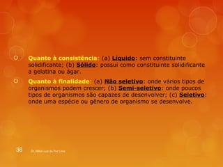  Quanto à consistência: (a) Líquido: sem constituinte 
solidificante; (b) Sólido: possui como constituinte solidificante 
a gelatina ou ágar. 
 Quanto à finalidade: (a) Não seletivo: onde vários tipos de 
organismos podem crescer; (b) Semi-seletivo: onde poucos 
tipos de organismos são capazes de desenvolver; (c) Seletivo: 
onde uma espécie ou gênero de organismo se desenvolve. 
36 Dr. Milton Luiz da Paz Lima 
 