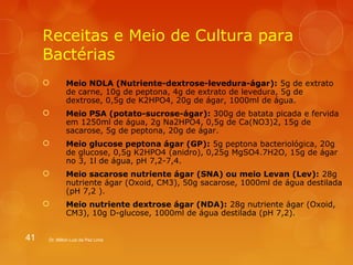 Receitas e Meio de Cultura para 
Bactérias 
 Meio NDLA (Nutriente-dextrose-levedura-ágar): 5g de extrato 
de carne, 10g de peptona, 4g de extrato de levedura, 5g de 
dextrose, 0,5g de K2HPO4, 20g de ágar, 1000ml de água. 
 Meio PSA (potato-sucrose-ágar): 300g de batata picada e fervida 
em 1250ml de água, 2g Na2HPO4, 0,5g de Ca(NO3)2, 15g de 
sacarose, 5g de peptona, 20g de ágar. 
 Meio glucose peptona ágar (GP): 5g peptona bacteriológica, 20g 
de glucose, 0,5g K2HPO4 (anidro), 0,25g MgSO4.7H2O, 15g de ágar 
no 3, 1l de água, pH 7,2-7,4. 
 Meio sacarose nutriente ágar (SNA) ou meio Levan (Lev): 28g 
nutriente ágar (Oxoid, CM3), 50g sacarose, 1000ml de água destilada 
(pH 7,2 ). 
 Meio nutriente dextrose ágar (NDA): 28g nutriente ágar (Oxoid, 
CM3), 10g D-glucose, 1000ml de água destilada (pH 7,2). 
41 Dr. Milton Luiz da Paz Lima 
