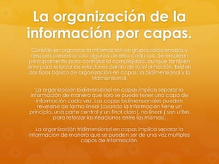 La organización de la
información por capas.
Consiste en organizar la información en grupos relacionados y
después presentar solo algunos de ellos cada vez. Se emplean
principalmente para controlar la complejidad, aunque también
sirve para reforzar las relaciones dentro de la información. Existen
dos tipos básico de organización en capas: la bidimensional y la
tridimensional.
La organización bidimensional en capas implica separar la
información de manera que solo se puede tener una capa de
información cada vez. Las capas bidimensionales pueden
revelarse de forma lineal (cuando la informacion tiene un
principio, una parte central y un final claro), no lineal ( son utiles
para reforzar las rleaciones entre las mismas).
La organización tridimensional en capas implica separar la
información de manera que se pueden ser de una vez múltiples
capas de información.
 