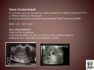 Saco GestacionalEs la primer estructura que aparece ( debe coincidir con 1200mUI subB (ECO TV) y 3600mUI subB (eco Abdominal)Es el primer parámetro ecográfico para determinar Edad Gestacional (DSM)DSM = DL + DT+ DAP / 3MAL PRONOSTICOUBICACIÓN ANORMALCONTORNO IRREGULAR O AUSENCIA DEL DOBLE ANILLOESPESOR DEL TROFOBLASTO MENOR A 2MM