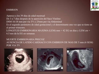 EMBRIONAparece a los 39 días de edad mestrualDe 3 a 7 días después de la aparición del Saco VitelinoDSM 16-18 mm por vía TV y 25mm por vía AbdominalEs el segundo parámetro de edad gestacional y el determinante una vez que se tiene en el primer trimestre.LONGITUD EMBRIONARIA MAXIMA (LEM) mm + 42 EG en días y LEM cm + 6.5 nos da la EG en semanasMUERTE EMBRIONARIA PRECOZAUSENCIA DE LATIDO CARDIACO CON EMBRION DE MAS DE 5 mm (6 SEM) POR VIA TV