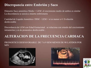 Discrepancia entre Embrión y SacoDiámetro Saco amniótico Medio = LEM  el crecimiento medio de ambos es similarLa discordancia se asocia a muerte embrionaria Cantidad de Liquido Amniótico: DSM – LEM = si es menor a 4  Evolución desfavorableDiscordancia de LEM con Edad Gestacional   se relaciona con retardo del creciomiento intrauterino y es de pronostico desfavorable .ALTERACION DE LA FRECUENCIA CARDIACAPRONOSTICO DESFAVORABLE  DE 7 A 9 SEM MENOS DE 90 LATIDOS POR MIN