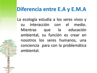 Diferencia entre E.A y E.M.A
La ecología estudia a los seres vivos y
  su interacción con el medio.
  Mientras     que     la    educación
  ambiental, su función es crear en
  nosotros los seres humanos, una
  conciencia para con la problemática
  ambiental.
 