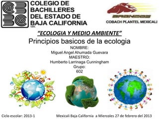 “ECOLOGIA Y MEDIO AMBIENTE”
                Principios basicos de la ecologia
                                      NOMBRE:
                            Miguel Angel Ahumada Guevara
                                     MAESTRO:
                            Humberto Larrinaga Cunningham
                                        Grupo:
                                          602




Ciclo escolar: 2013-1          Mexicali Baja California a Miercoles 27 de febrero del 2013
 