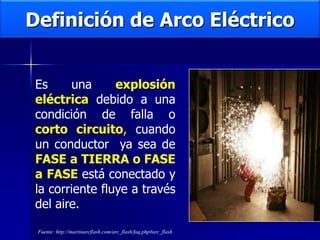 Definición de Arco Eléctrico
Es una explosión
eléctrica debido a una
condición de falla o
corto circuito, cuando
un conductor ya sea de
FASE a TIERRA o FASE
a FASE está conectado y
la corriente fluye a través
del aire.
Fuente: http://martinarcflash.com/arc_flash/faq.php#arc_flash
 