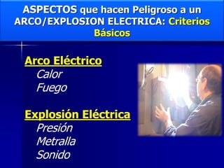 ASPECTOS que hacen Peligroso a un
ARCO/EXPLOSION ELECTRICA: Criterios
Básicos
Arco Eléctrico
Calor
Fuego
Explosión Eléctrica
Presión
Metralla
Sonido
 