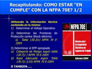Recapitulando: COMO ESTAR “EN
CUMPLE” CON LA NFPA 70E? 1/2
Utilizando la información técnica
contenida en la misma:
1) Determinar el Voltaje Operativo
2) Determinar las Fronteras de
Protección contra Shock eléctrico
a) Tabla 130.2(c) NFPA 70 E-
2004
3) Determinar el EPP apropiado
a) Categoría de Riesgo según tabla
130.7(c ) NFPA 70 E-2004
b) Ropa adecuada según Tabla
130.7(c )(10) NFPA 70 E-2004
O TAMBIEN…..
 