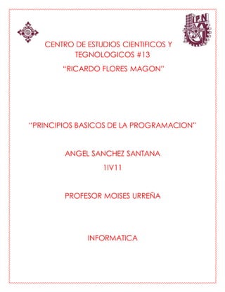 CENTRO DE ESTUDIOS CIENTIFICOS Y
TEGNOLOGICOS #13
“RICARDO FLORES MAGON”
“PRINCIPIOS BASICOS DE LA PROGRAMACION”
ANGEL SANCHEZ SANTANA
1IV11
PROFESOR MOISES URREÑA
INFORMATICA
 