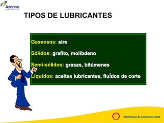 TIPOS DE LUBRICANTES
Gaseosos: aire
Sólidos: grafito, molibdeno
Semi-sólidos: grasas, bitúmenes
Líquidos: aceites lubricantes, fluÍdos de corte
 
