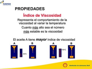 Índice de Viscosidad
Representa el comportamiento de la
viscosidad al variar la temperatura
Cuanto más alto sea el número
más estable es la viscosidad
100
80
40
60
20
0
100
80
40
60
20
0
PROPIEDADES
A B
A B
40ºC
100ºC
El aceite A tiene mayor índice de viscosidad
 