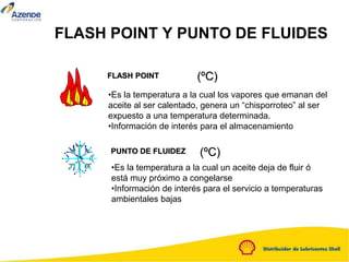(ºC)
FLASH POINT
•Es la temperatura a la cual los vapores que emanan del
aceite al ser calentado, genera un “chisporroteo” al ser
expuesto a una temperatura determinada.
•Información de interés para el almacenamiento
(ºC)
PUNTO DE FLUIDEZ
•Es la temperatura a la cual un aceite deja de fluir ó
está muy próximo a congelarse
•Información de interés para el servicio a temperaturas
ambientales bajas
FLASH POINT Y PUNTO DE FLUIDES
 