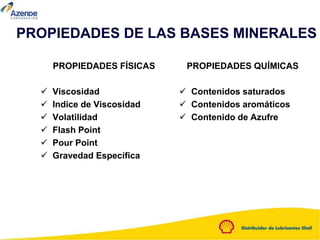 PROPIEDADES DE LAS BASES MINERALES
PROPIEDADES FÍSICAS
 Viscosidad
 Indice de Viscosidad
 Volatilidad
 Flash Point
 Pour Point
 Gravedad Específica
PROPIEDADES QUÍMICAS
 Contenidos saturados
 Contenidos aromáticos
 Contenido de Azufre
 