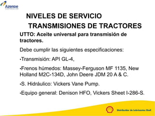NIVELES DE SERVICIO
TRANSMISIONES DE TRACTORES
UTTO: Aceite universal para transmisión de
tractores.
Debe cumplir las siguientes especificaciones:
•Transmisión: API GL-4,
•Frenos húmedos: Massey-Ferguson MF 1135, New
Holland M2C-134D, John Deere JDM 20 A & C.
•S. Hidráulico: Vickers Vane Pump.
•Equipo general: Denison HFO, Vickers Sheet I-286-S.
 