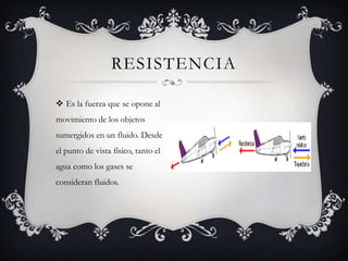 Es la fuerza que se opone al movimiento de los objetos sumergidos en un fluido. Desde el punto de vista físico, tanto el agua como los gases se consideran fluidos.Resistencia