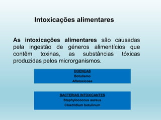 As intoxicações alimentares são causadas
pela ingestão de géneros alimentícios que
contêm toxinas, as substâncias tóxicas
produzidas pelos microrganismos.
Intoxicações alimentares
DOENÇAS
Botulismo
Aflatoxicose
BACTERIAS INTOXICANTES
Staphylococcus aureus
Clostridium botulinum
 