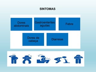 SINTOMAS
Dores
abdominais
Gastroenterites
agudas
Febre
Dores de
cabeça
Diarreias
 