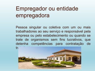 Empregador ou entidade
empregadora
Pessoa singular ou coletiva com um ou mais
trabalhadores ao seu serviço e responsável pela
empresa ou pelo estabelecimento ou quando se
trate de organismos sem fins lucrativos, que
detenha competências para contratação de
trabalhadores.
 