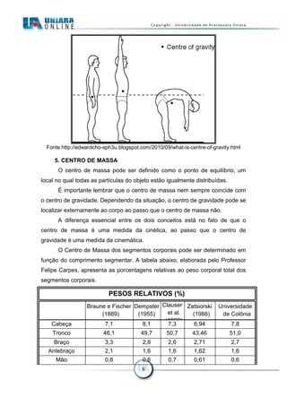 6
Fonte:http://edwardcho-sph3u.blogspot.com/2010/09/what-is-centre-of-gravity.html
5. CENTRO DE MASSA
O centro de massa pode ser definido como o ponto de equilíbrio, um
local no qual todas as partículas do objeto estão igualmente distribuídas.
É importante lembrar que o centro de massa nem sempre coincide com
o centro de gravidade. Dependendo da situação, o centro de gravidade pode se
localizar externamente ao corpo ao passo que o centro de massa não.
A diferença essencial entre os dois conceitos está no fato de que o
centro de massa é uma medida da cinética, ao passo que o centro de
gravidade é uma medida da cinemática.
O Centro de Massa dos segmentos corporais pode ser determinado em
função do comprimento segmentar. A tabela abaixo, elaborada pelo Professor
Felipe Carpes, apresenta as porcentagens relativas ao peso corporal total dos
segmentos corporais.
PESOS RELATIVOS (%)
Braune e Fischer
(1889)
Dempster
(1955)
Clauser
et al.
(1969)
Zatsiorski
(1988)
Universidade
de Colônia
Cabeça 7,1 8,1 7,3 6,94 7,8
Tronco 46,1 49,7 50,7 43,46 51,0
Braço 3,3 2,8 2,6 2,71 2,7
Antebraço 2,1 1,6 1,6 1,62 1,6
Mão 0,8 0,6 0,7 0,61 0,6
 