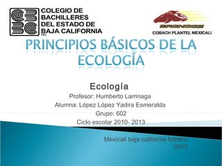 Ecología
    Profesor: Humberto Larrinaga
Alumna: López López Yadira Esmeralda
              Grupo: 602
       Ciclo escolar 2010- 2013

                Mexicali baja california febrero
                                           2013
 