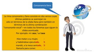 La rima consonante y llana consiste en dos versos cuyas
últimas palabras se asemejan no
sólo en términos de la sílaba llana pero también en
términos de la última combinación
“consonante-vocal”—en todos los fonemas que siguen la
sílaba acentuada.
Por ejemplo: mi casa / se basa
Hizo matar a su mujer, -
y habiéndose ejecutado, b
mandó, a la mesa sentado, b
llamarla para comer. -
Consonancia llana
 