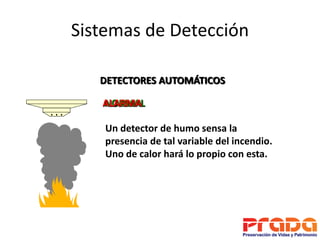 Sistemas de Detección

   DETECTORES AUTOMÁTICOS

   ALARMA
   NORMAL

    Un detector de humo sensa la
    presencia de t...