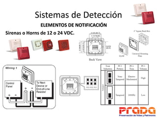 Sistemas de Detección
                ELEMENTOS DE NOTIFICACIÓN
Sirenas o Horns de 12 o 24 VDC.
 