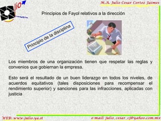 Principios de Fayol relativos a la dirección




Los miembros de una organización tienen que respetar las reglas y
convenios que gobiernan la empresa.

Esto será el resultado de un buen liderazgo en todos los niveles, de
acuerdos equitativos (tales disposiciones para recompensar el
rendimiento superior) y sanciones para las infracciones, aplicadas con
justicia
 