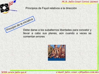 Principios de Fayol relativos a la dirección




Debe darse a los subalternos libertades para concebir y
llevar a cabo sus planes, aún cuando a veces se
comentan errores
 