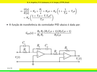 ⇒
U(s)
E(s)
= Kp +
Ki
s
+ Kd s = Kp

1 +
1
Ti s
+ Td s

= Kp

1 + Ti s + Ti Td s2
Ti s

• A função de transferência do controlador PID abaixo é dada por:
Gpid (s) =
R4
R3
R2
R1
(R1C1s + 1) (R2C2s + 1)
R2C2s
16 of 45
B. A. Angelico, P. R. Scalassara, A. N. Vargas, UTFPR, Brasil
 